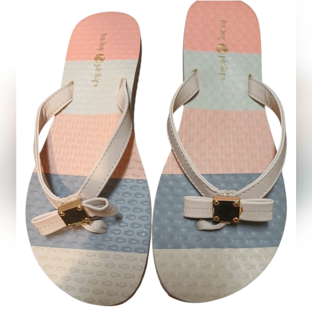 Lindsay Phillips -NWT, Switch Flops Model Katie, Pink, Gray,Beige, Bow W/Gold... - Picture 3 of 11